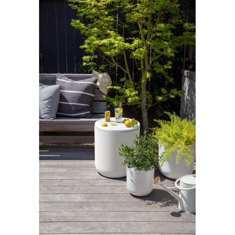 White Round Concrete-Plastic Outdoor Side Table with Cooler Function