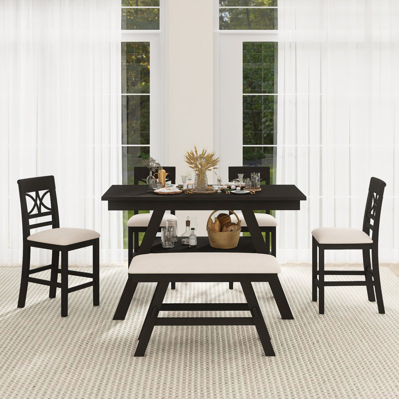 6-Piece Farmhouse Dining Table Set With Bench, Espresso