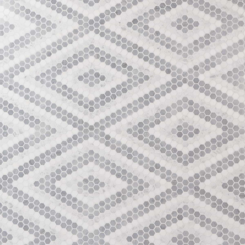 Juno 1" Diamond Hexagon Polished Marble Mosaic, Gray/White