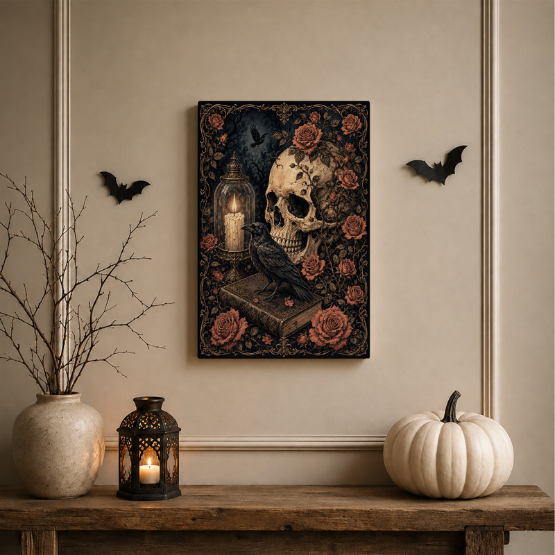 Impression sur toile, crâne gothique et corbeau noir avec roses rouges, H 48 po x l 36 po