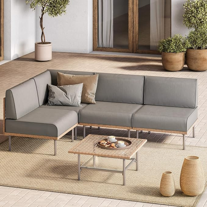 L-Shaped Patio Sectional Set with Cushions, Ensemble modulaire 5 pièces, Grey