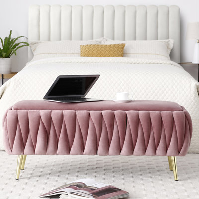 Banc de rangement ovale revêtu de velours rose foncé, avec des pieds en forme de V dorés, pour la chambre à coucher, le salon, le vestibule, la salle à manger à texture douce et à charnières en métal, peau