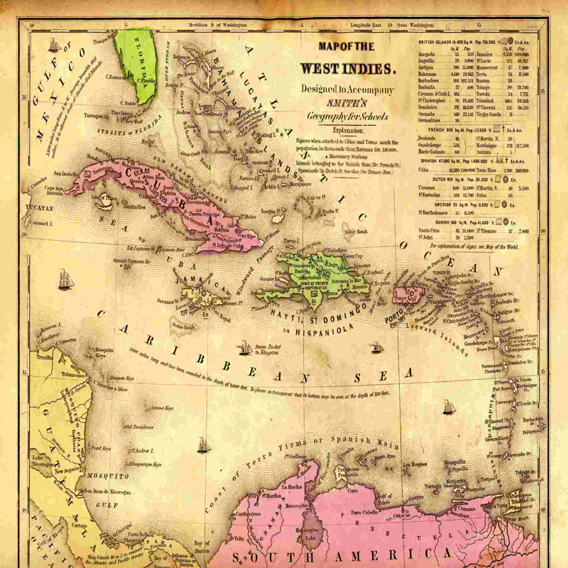 Carte des Antilles, impression sur toile tendue, H 30 po x l 30 po