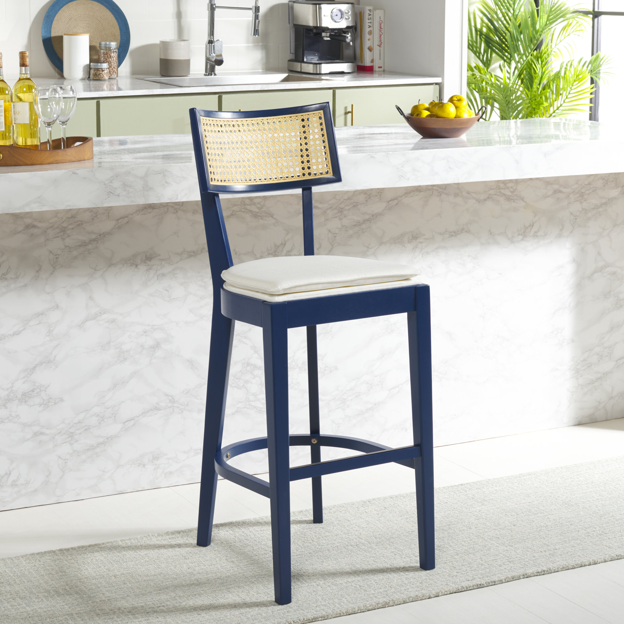 Tarrington Cane Stool, Bar Stool (30.5" Seat Height), Natural/Navy