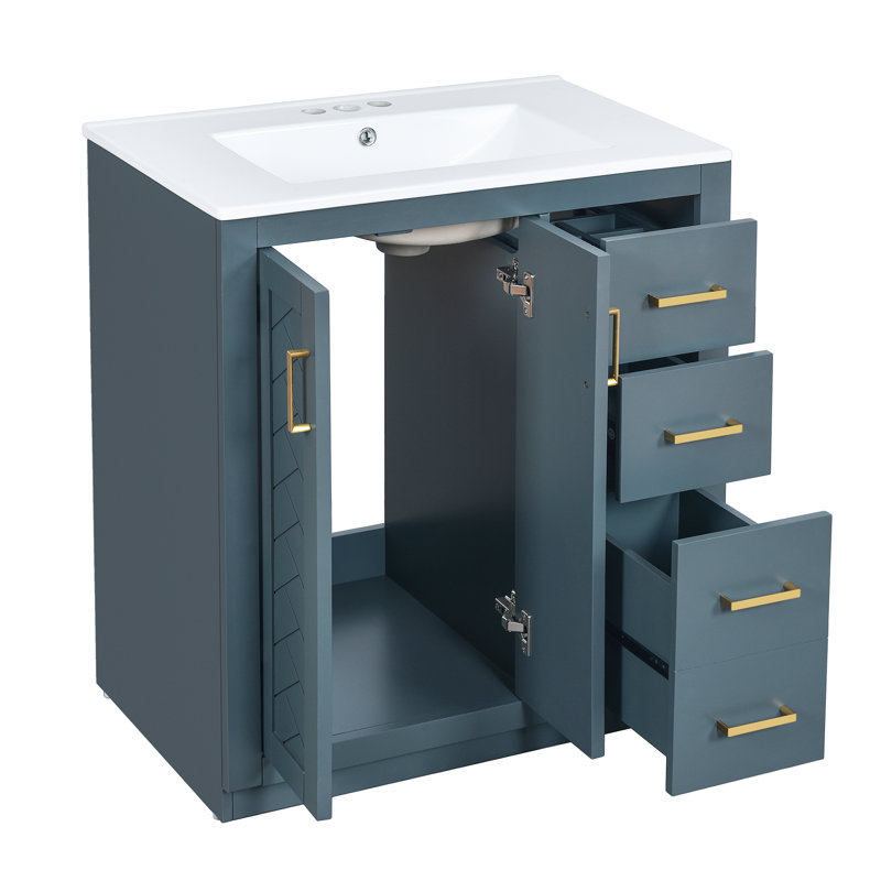 Meuble-lavabo de style rétro 30 po avec lavabo en céramique, cadre en bois massif, rangement spacieux et portes à fermeture en douceur