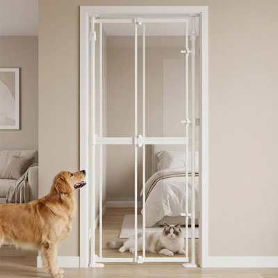 Barrière de sécurité transparente pour chat de 75 à 98 po de hauteur et de 21 à 34 po réglable Wdie, fermeture automatique et sans perçage, très grande porte de chat pour la porte, escalier