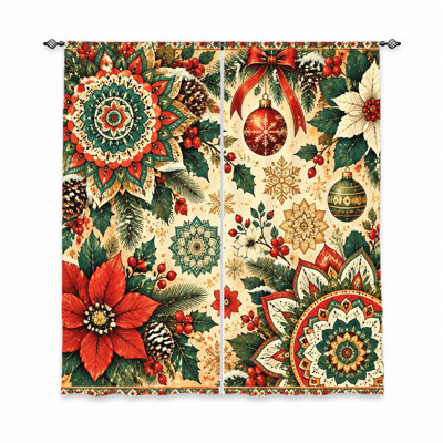 Ensemble de 2 rideaux vintage à motif mandala de Noël, poinsettias et pommes de pin, tissu filtrant la lumière, protection de l'intimité, œillets pour tringle, lavables à la machine, parfaits pour le salon, la chambre et la décoration de Noël.
