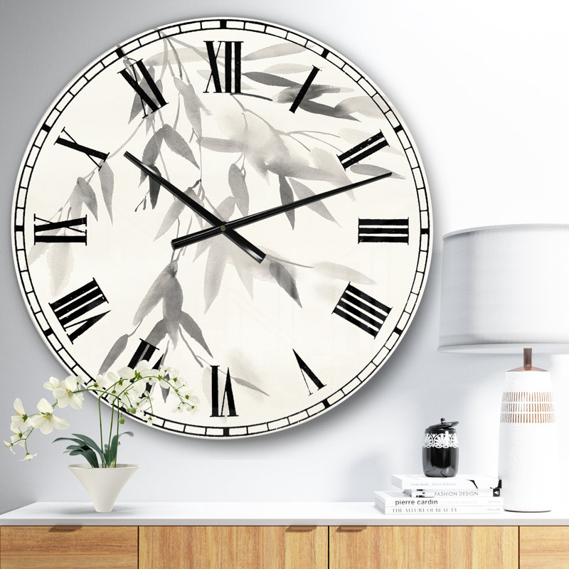 Horloge murale Simplist Bamboo Leaves I - Lake House, Surdimensionné, Gris