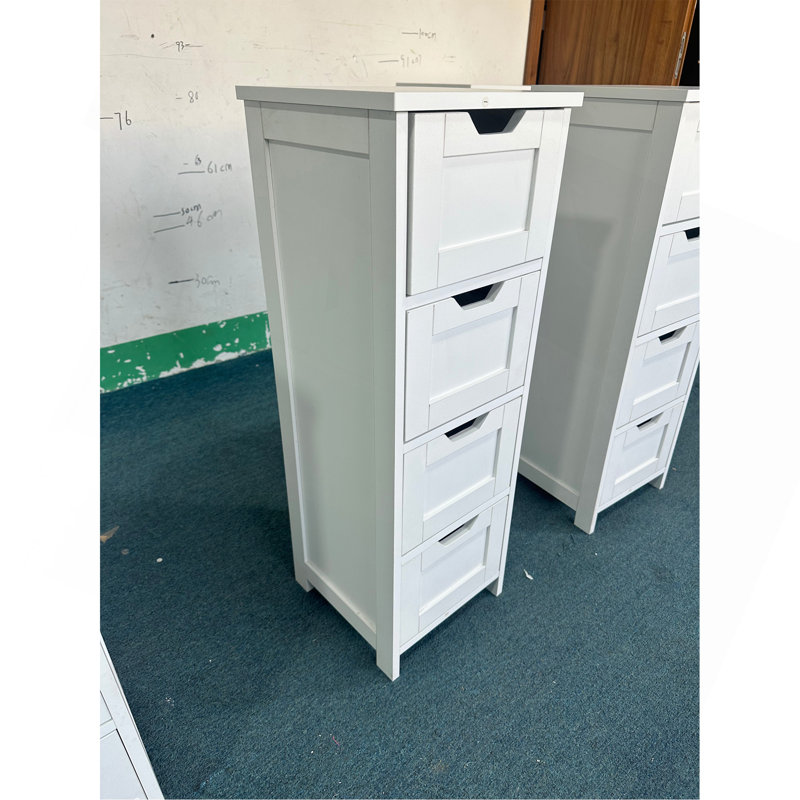 Bathroom Floor Cabinet with 4 Drawers, Freestanding Wooden Storage Organizer for Bathroom, Hallway or Living Room, Narrow White Side Cabinet with Space-Saving Vertical Design, White