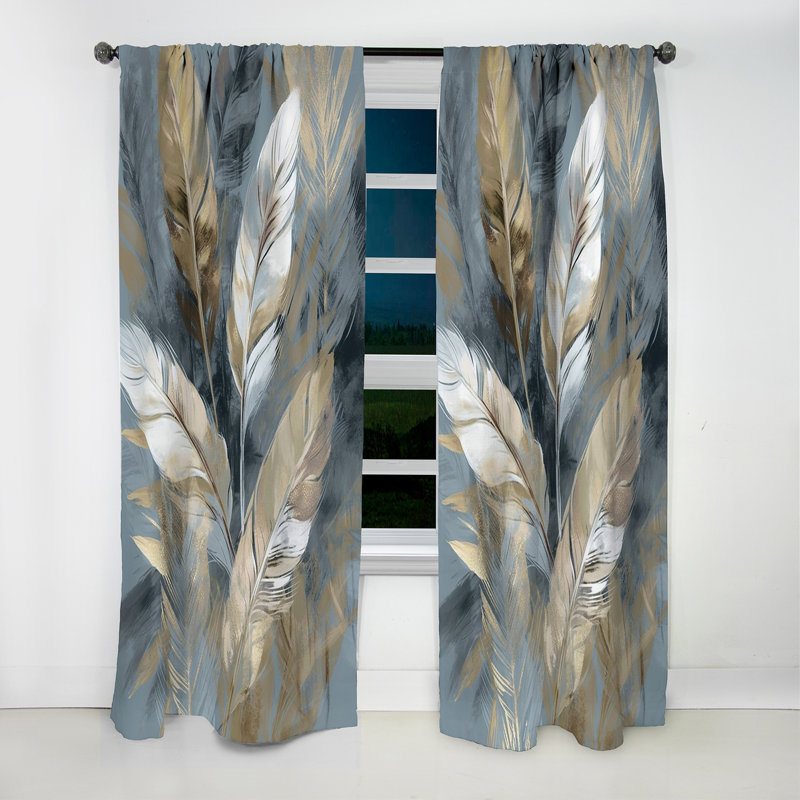 Or et gris Impressions of Bohemian Energy II - Rideau occultant en velours Boho Feather - 1 panneaux, L 52 po x L 84 po