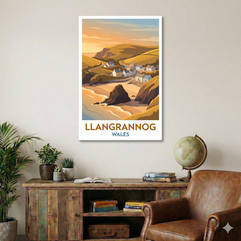 Llangrannog, Wales - Coastal Romance Travel Poster | Golden Ceredigion Seaside Print. Giclee Print On Wrapped Canvas. Wall Art, Home Decor - Cities & Towns, Wales - Wrapped Canvas Print