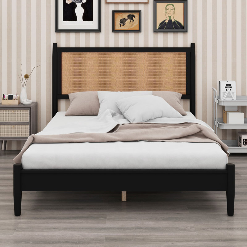Cadre de lit plateforme avec tête de lit en panneaux tissés et style bohème côtier, Grand lit, Black