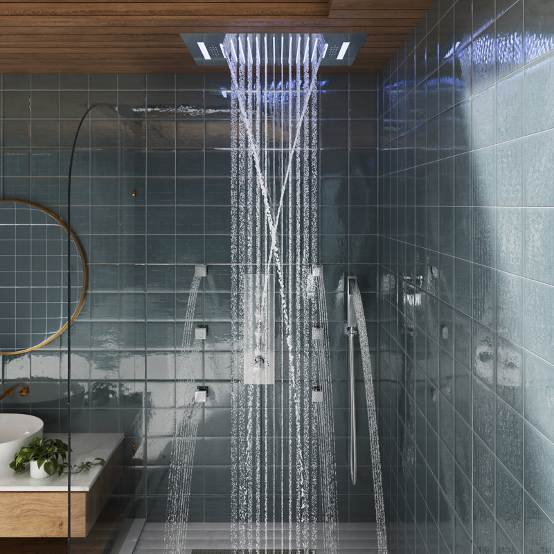Brushed Gold Large Dual Rectangle Ceiling Mounted Shower System with LED and Bluetooth