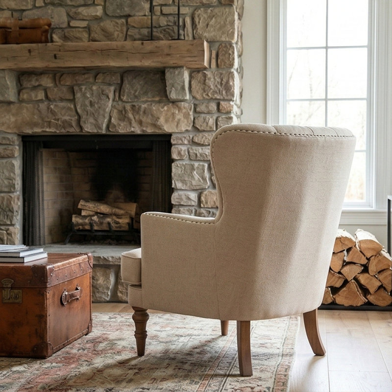 Solid Wood Frame Armchair Wing Chair, Ecru Polyester