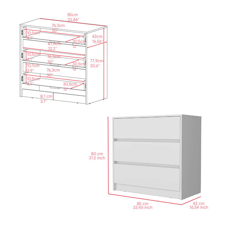 Commode Maldus, trois tiroirs, Blanc