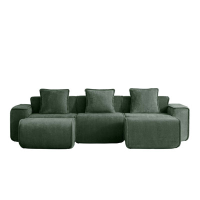 Streamlined Design Modular 3 Seat U Shape Sectional Boneless Sofa with French Edge Piping, No Assembly Required,3-Seat Sofa Couch with Throw Pillows and 2 Movable Ottomans, Velvet Fabric