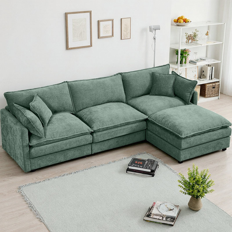 102" L-Shaped Modular Sectional Sofa with Movable Ottoman, 3-Seater Cloud Couch with Chenille Fabric & High-Resiliency Foam, DIY Combination, Easy Assembly Required