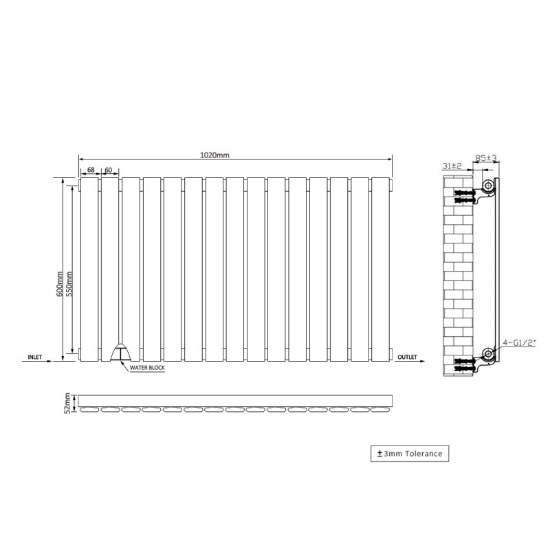 Shonta Horizontal Single Flat Panel Radiator, Normal Black, 60cm H x 102cm W