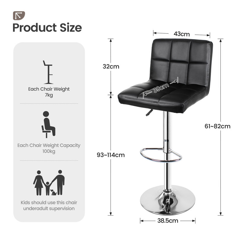 Danicka Height Adjustable Swivel Bar Stool Set of 2, Black