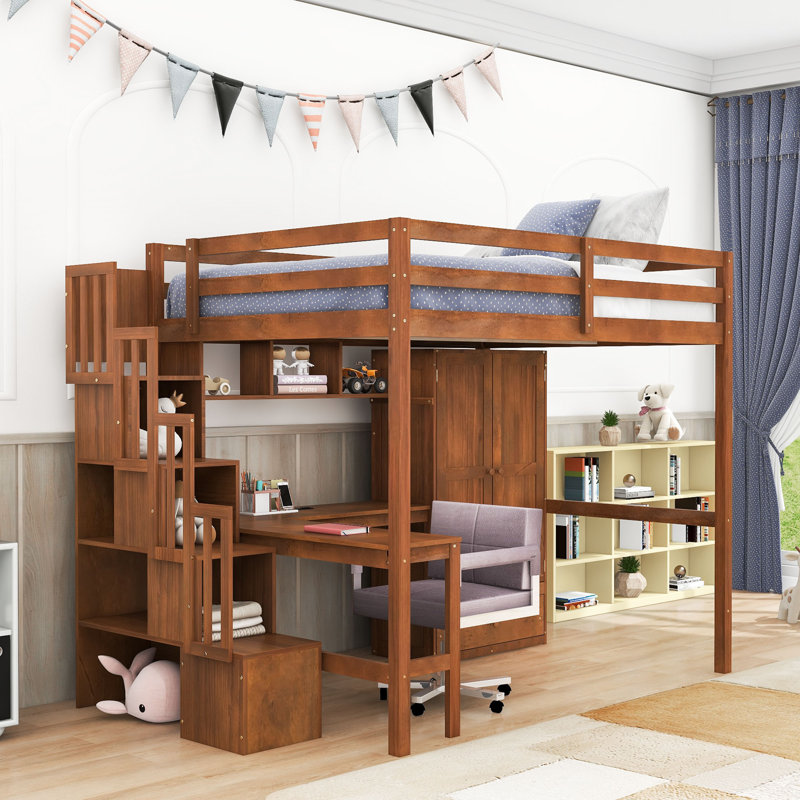 Lit mezzanine avec bureau en L, garde-robe, escalier de rangement et station de recharge USB, Noyer
