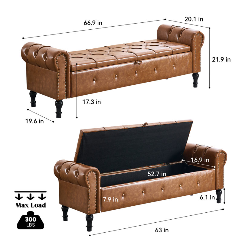 Banc de rangement rembourré en similicuir, Brun