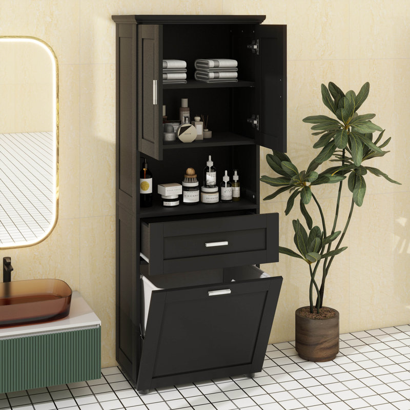 Tall Bathroom Cabinet With Tilt-Out Laundry Hamper Basket And Upper Storage,Storage Cabinet With Two Doors,Adjustable Shelf And Drawer