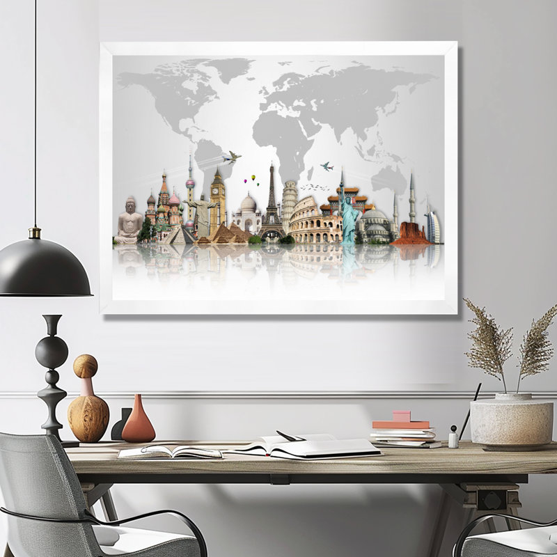 « Famous Monuments Across World », reproduction d'art graphique, H 12 po x l 20 po, Impression encadrée, Blanc