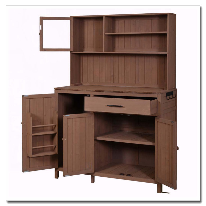 Potting Bench with Hutch,65" H Solid Fir Wood Garden Workstation, Brown