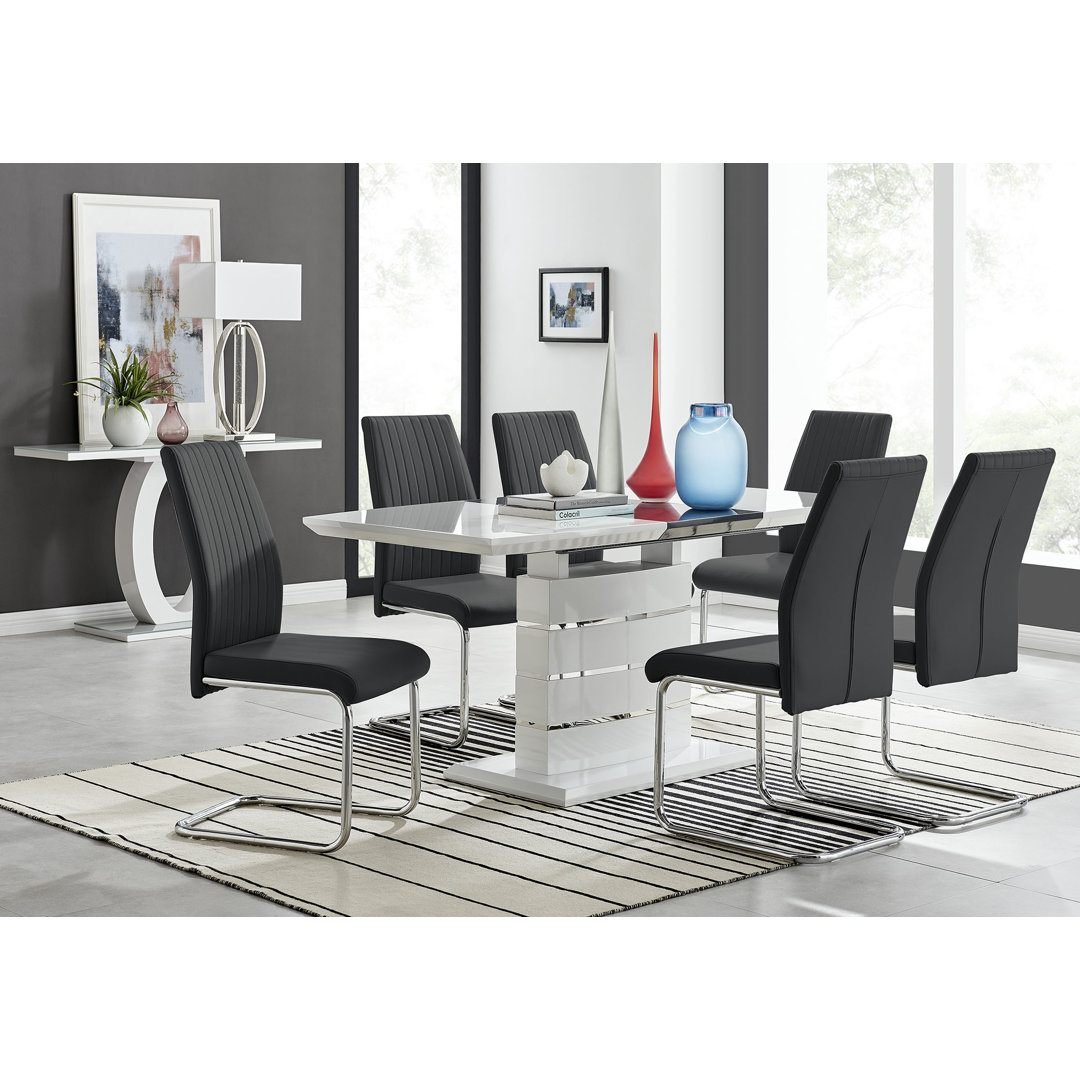 Everson High Gloss Extendable Dining Set with 6 Luxury Faux Leather Upholstered Dining Chairs East Urban Home Chair 