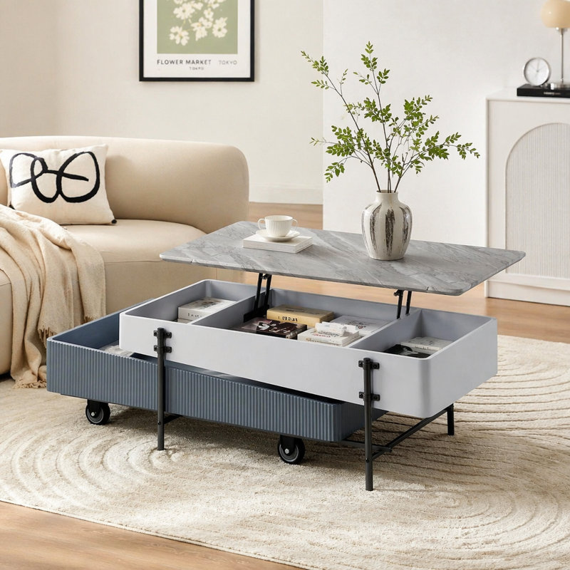 Table basse haute brillance avec plateau relevable, White / Gray, H 18,05 po x l 47,5 po x P 23,5 po