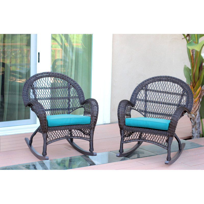 Chaise berçante en osier avec coussins Berchmans, Espresso, Bleu ciel