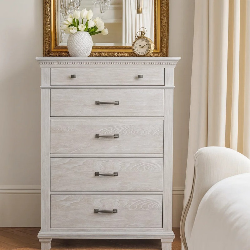 Commode haute Leyne, 5 tiroirs, gris vieilli maison de campagne