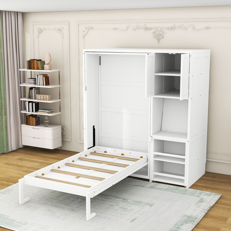 Lit escamotable simple avec bibliothèque rotative et bureau extensible, Blanc