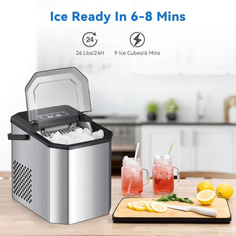 R.W.FLAME Countertop Ice Maker Portable Ice Machine with Handle, Self-Cleaning Ice Makers, 26Lbs/24H, 9 Ice Cubes Ready in 6 Mins for Home Kitchen Bar