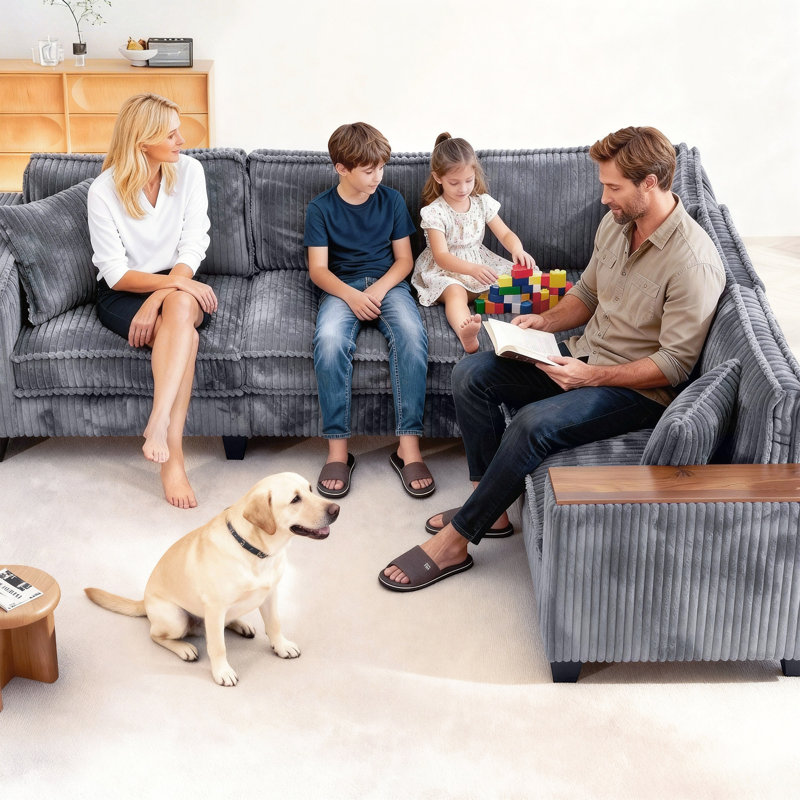 Canapé modulaire en L 97 po avec accoudoirs en L 97 po, Velours côtelé gris