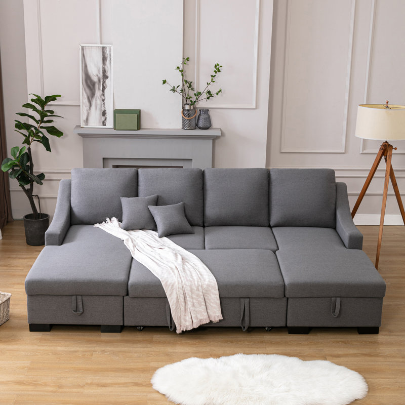 Canapé-lit modulaire U_style Upholstery avec rangement, coussins et tissu en lin gris