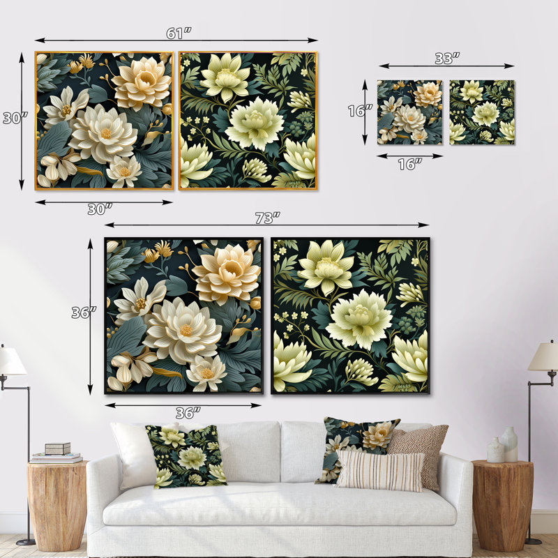 Caledon - Ensemble de 2 collages carrés floraux, Cadre flottant brun, H 36 po x l 73 po