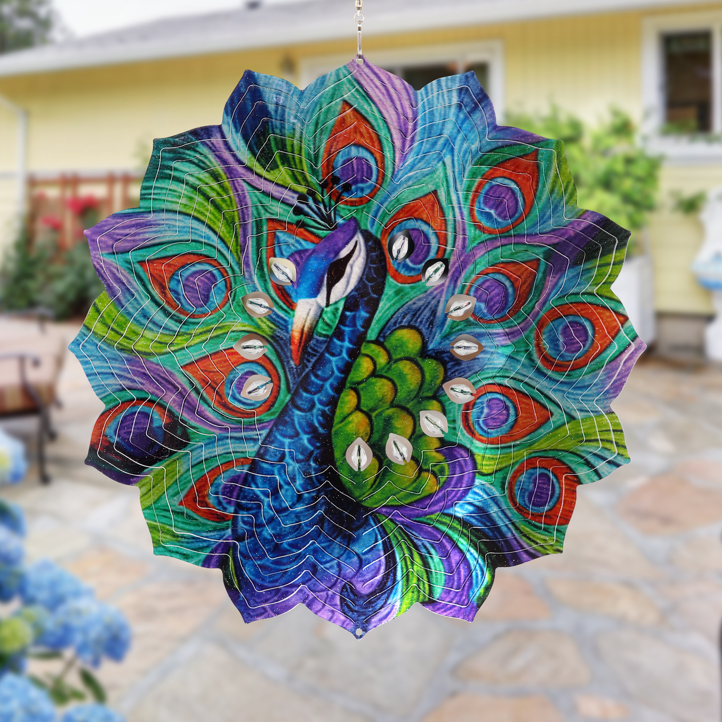Exhart Laser Cut Peacock Hanging Wind Spinner with Bead Details, 12