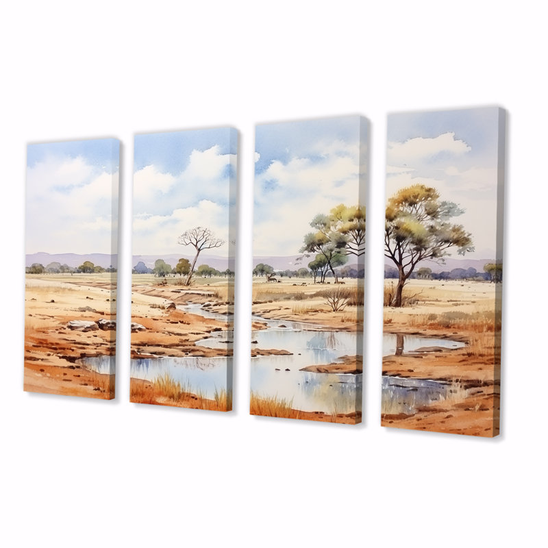 «Beige African Safari Landscape II», ensemble d'art mural 4 pièces, H 32 po x l 64 po