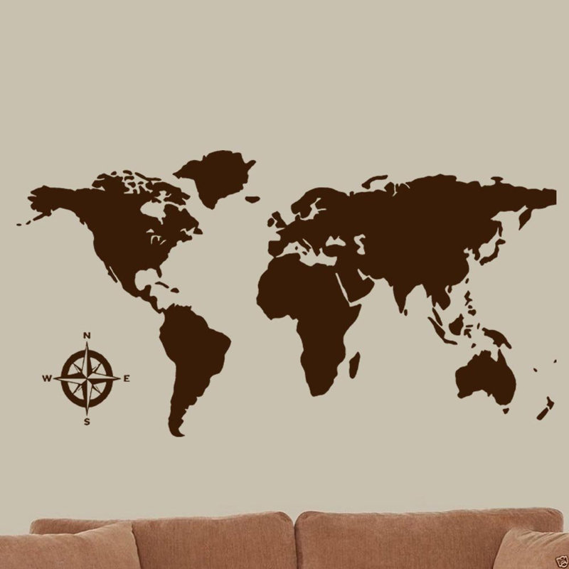 Adhésif décoratif carte du monde en vinyle, Brun, H 15 po x L 30 po