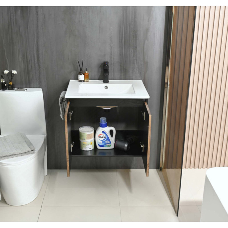 Ensemble de meuble-lavabo mural flottant avec porte-serviettes, Noir / noyer foncé
