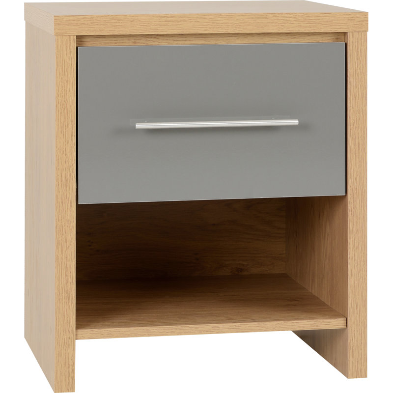 Louisa 1 Drawer Bedside Table, Light Oak Veneer/Grey High Gloss