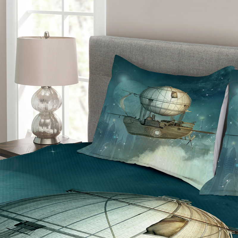 Adanya Blue/Brown Microfibre Bedspread Set, 220 x 264 cm