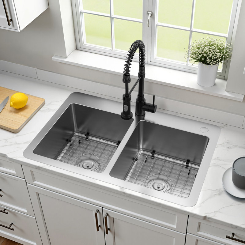 Évier de cuisine en acier inoxydable à double cuve avec drain Kingston, 2