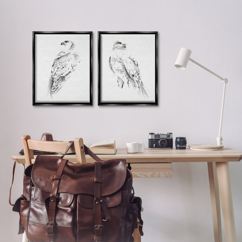 «White Hawk Winter Birds», ensemble de 2 toiles flottantes encadrées par Melissa Wang, Cadre flottant noir de jais