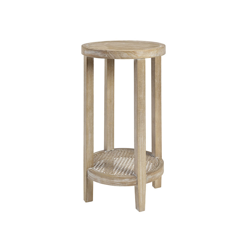Table d'appoint ronde pour une décoration intérieure moderne, 38 cm de diamètre, 71 cm de hauteur, plateau en placage frêne, pieds en bois recyclé fini blé, étagère en rotin, assemblage requis. Grande table haute, plateau massif.