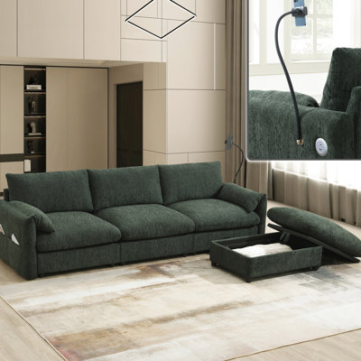 Canapé modulaire en forme de L 96,5 po avec rangement multifonctionnel de 32,5 po, support de téléphone réglable pour les appels, type C +, accoudoir et coussins en support en chenille, poches, revêtement