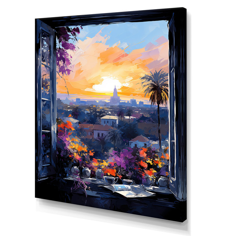 Los Angeles Window View 3 - Art mural de fenêtre floral, H 32 po x l 24 po x P 1 po, Toile tendue