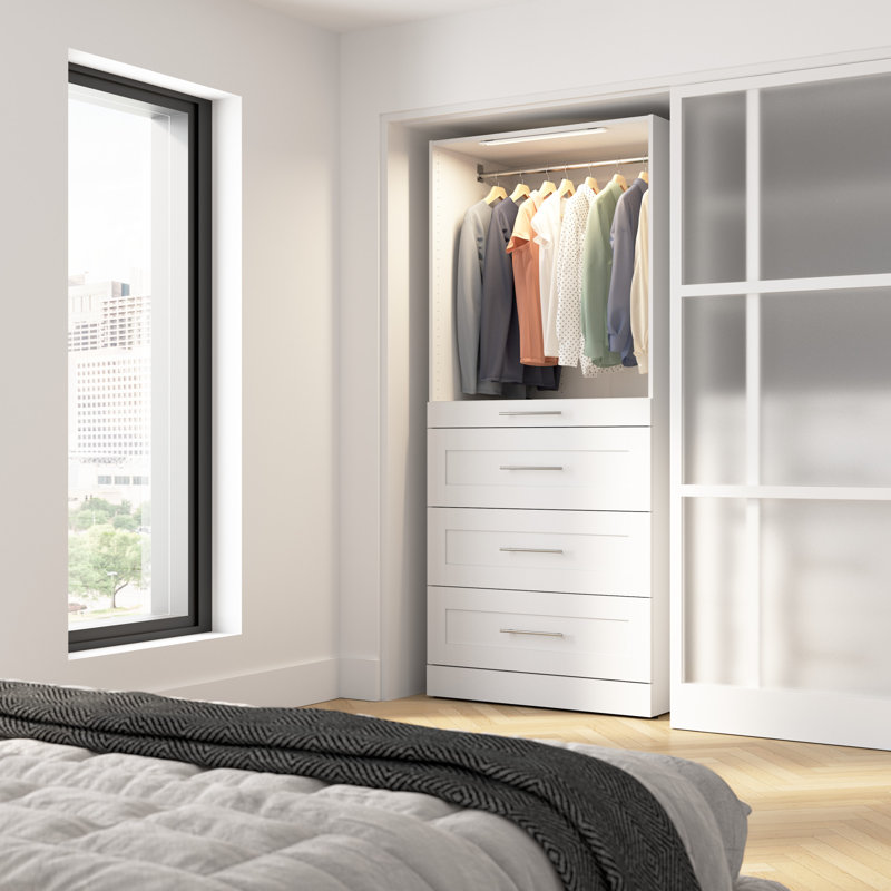 Florence Modular Walk-In Closet System Tower With LED Light, Shelves And 4 Drawers, Shaker Style, 80.5"H x 35.4"W x 24.5"D