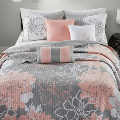 Ensemble de courtepointe en coton imprimé 6 pièces avec coussins décoratifs, gris/pêche, taille grand lit/queen